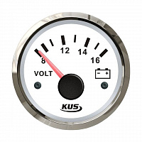 Вольтметр аналоговый 8-16 В, белый циферблат, нержавеющий ободок, д. 52 мм
