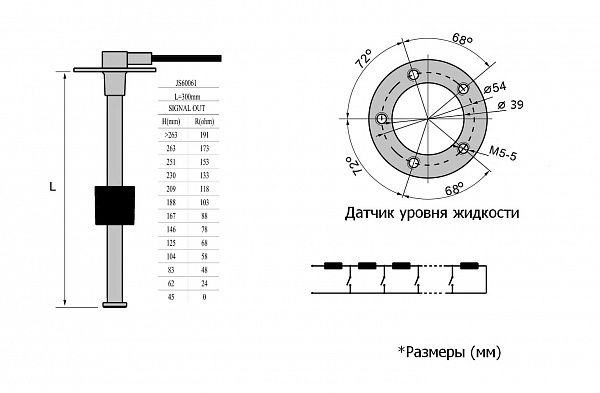 Датчик уровня 300 мм, 0-190 Ом (ЕВРО), нержавеющий